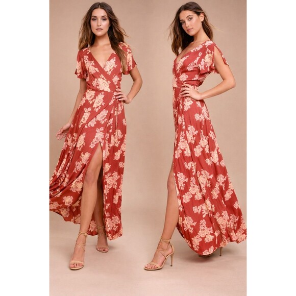 Lulus Dresses & Skirts - Lulus Rust Red Floral Maxi Dress True Wrap Slit Coquette Date Night Feminine XL